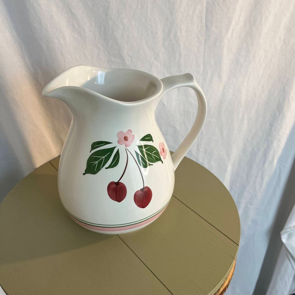 Vintage Hand Painted Cherry Ceramic Milk Pitcher – Decorative Farmhouse Jug